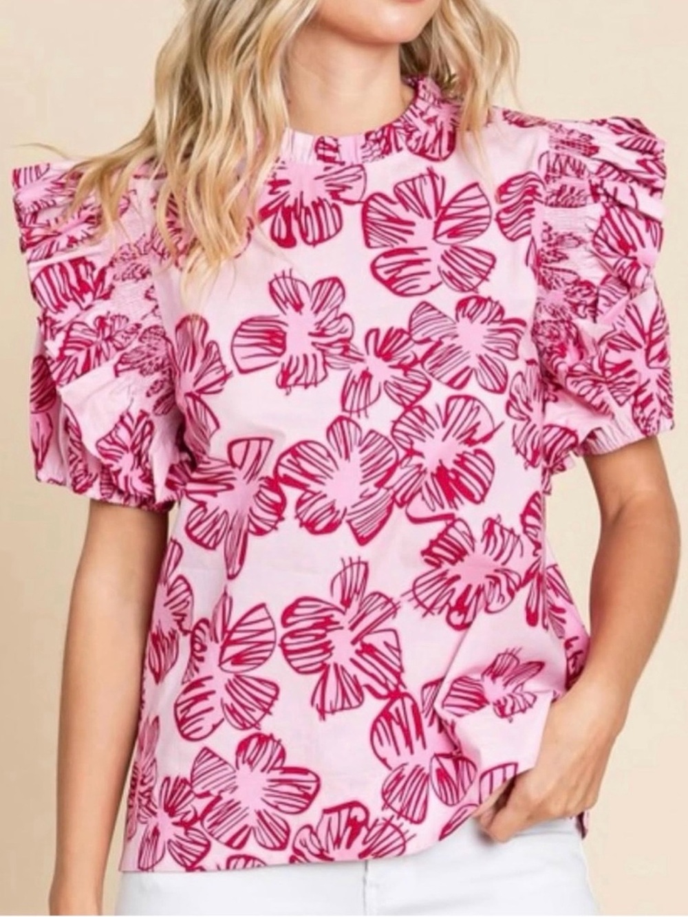 JODIFL Pink Floral Puff-Sleeve Blouse